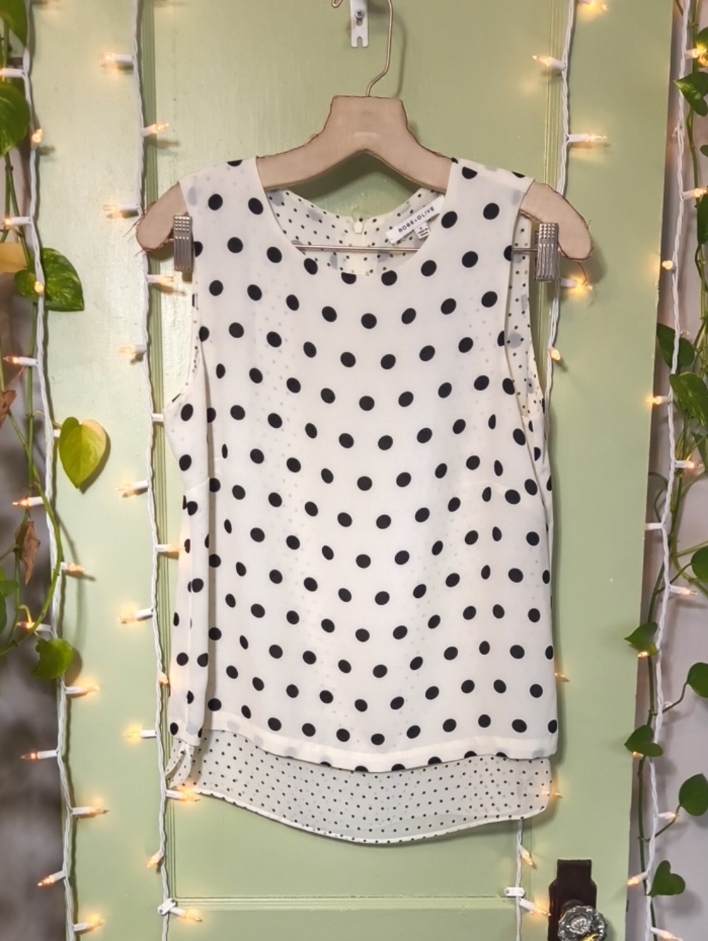 Women's Rose & Olive Black Cream Polkadot 2 Layer Tank Blouse S